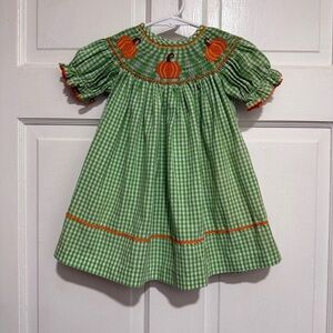 3 Month Smocked Fall Thanksgiving Halloween Pumpkin Green Gingham Dress